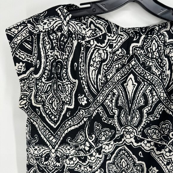 Talbots Paisley Blouse Top Cap Sleeve Satin Boat Neck Black White Work Classic - Picture 4 of 7
